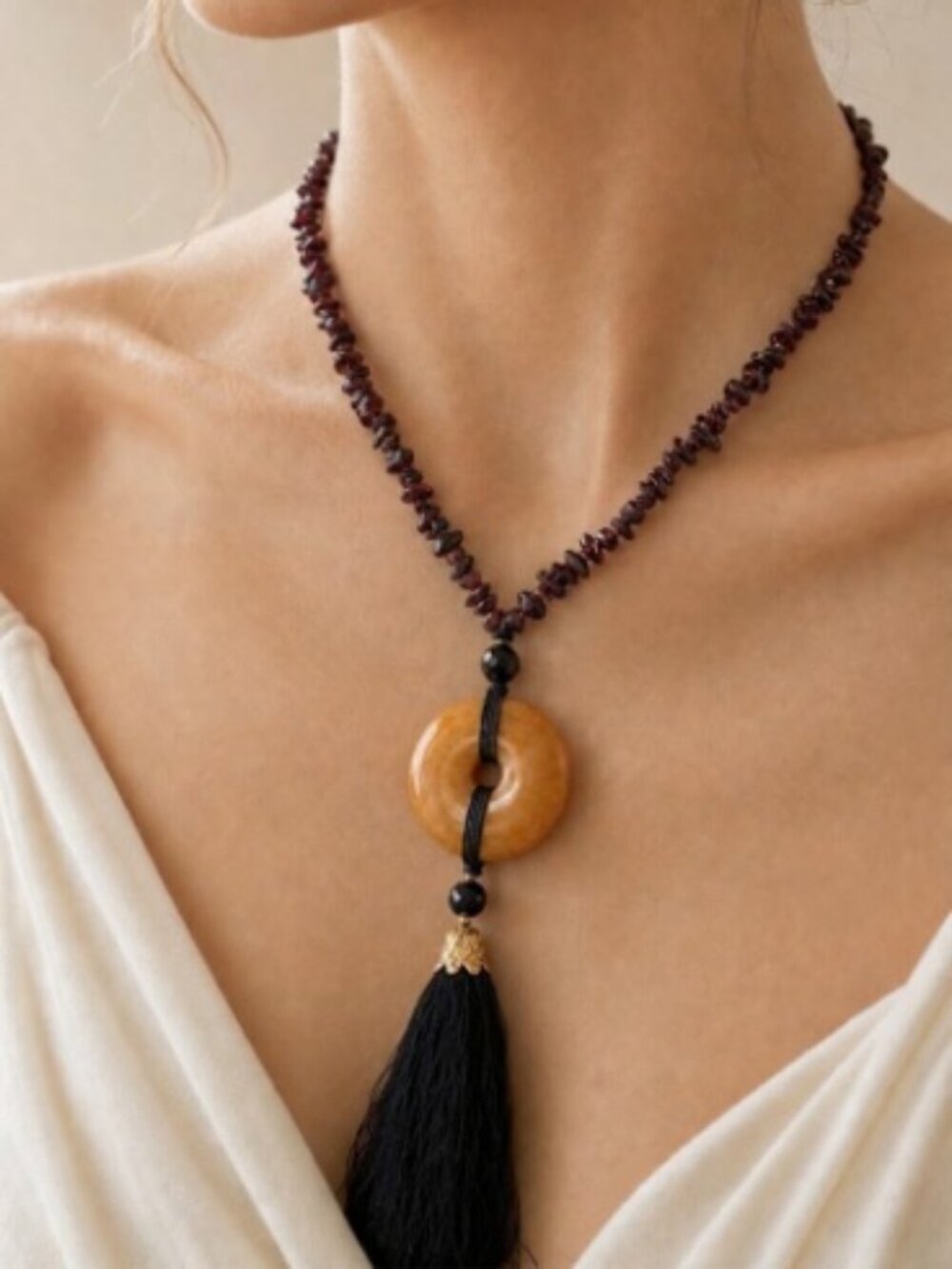Boho Garnet & Amber Statement Necklace w/ Tassel